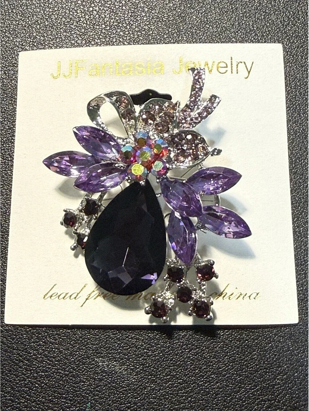 NEW JJ Fantasia 2000s Floral Brooch Crystal Rhinestone Purple AB, 2x2.5”